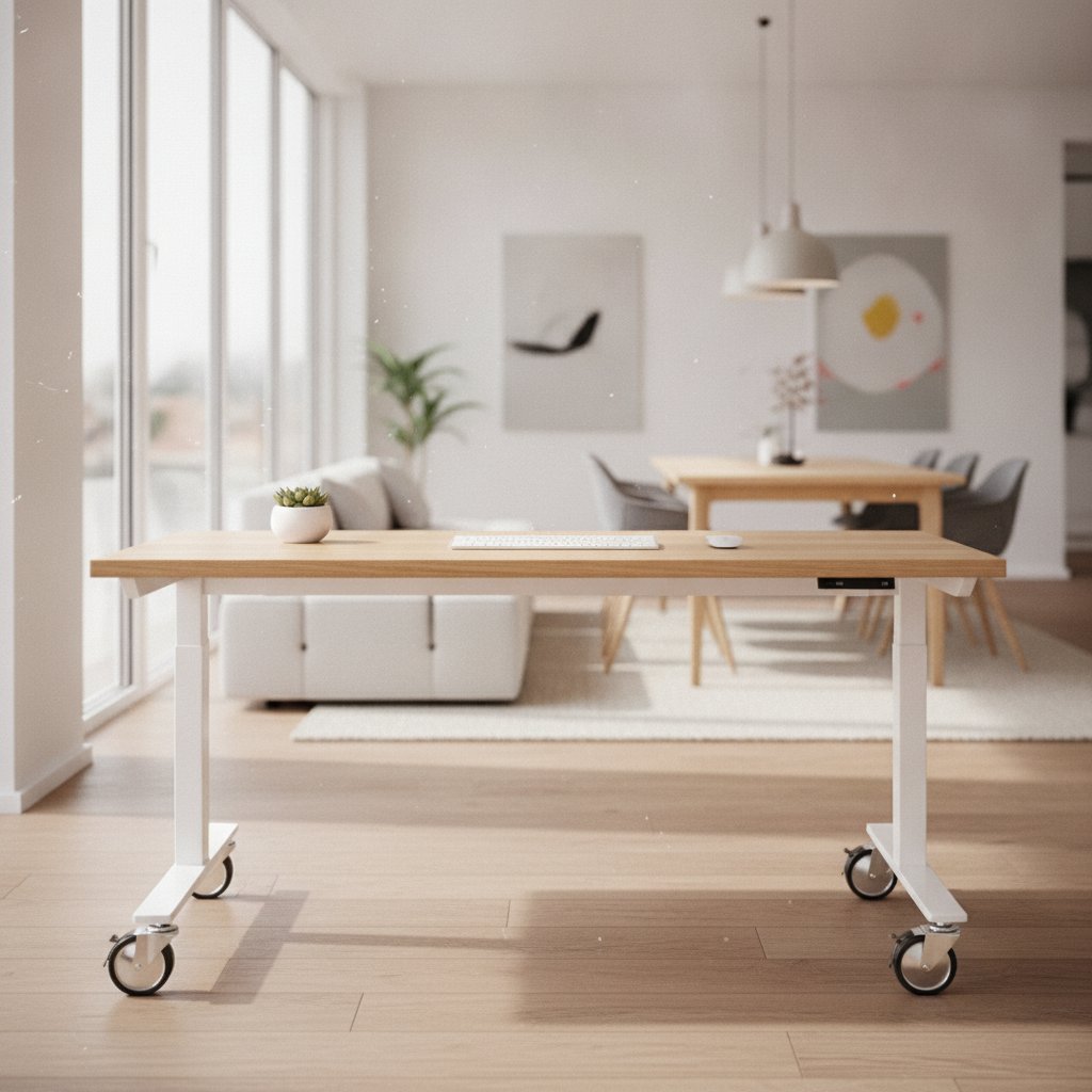 Custom mobile office desk with adjustable height and smooth-rolling castors in contemporary workspace